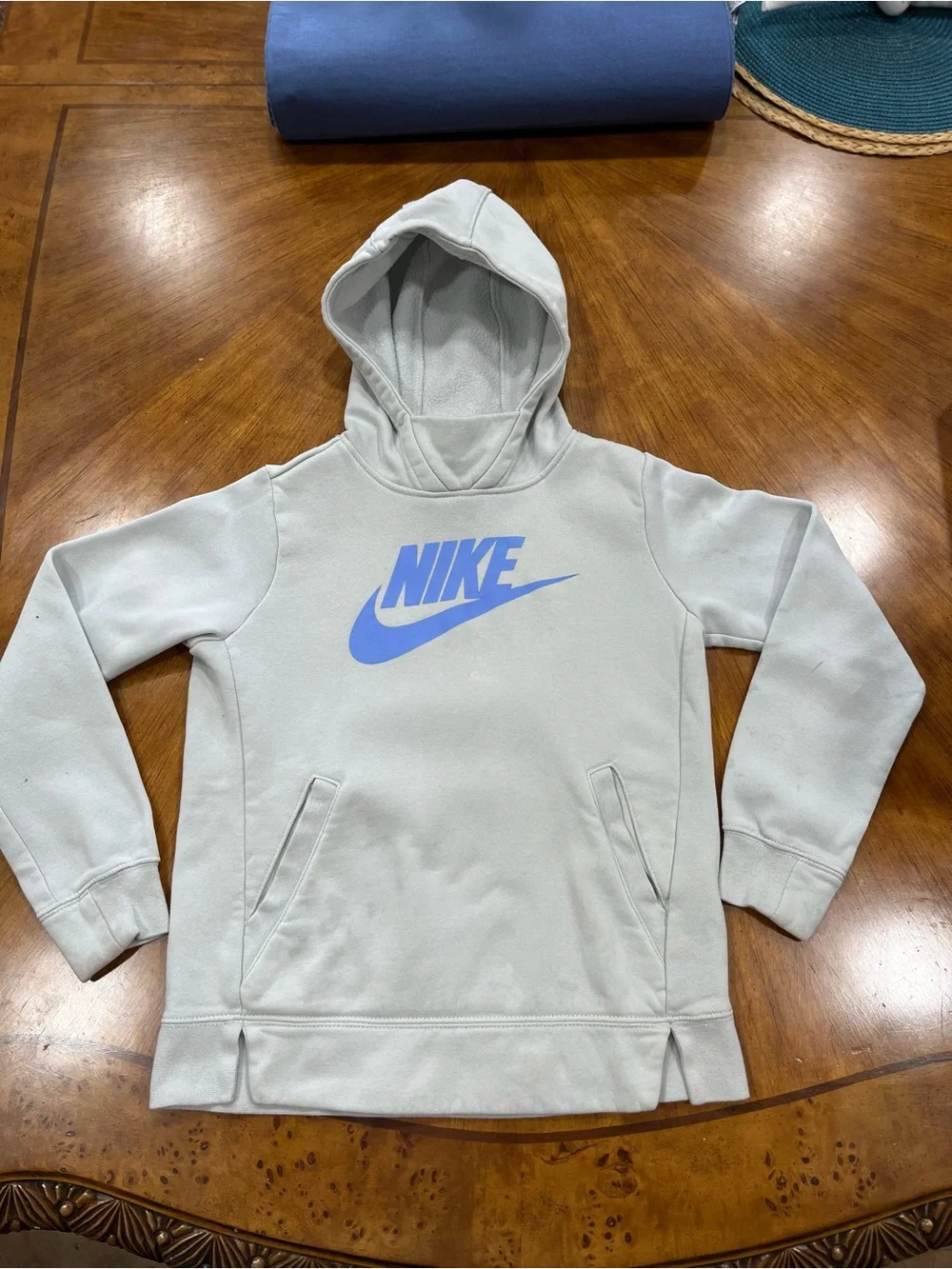 Nike Light Gray Hoodie with Blue Logo - Kids